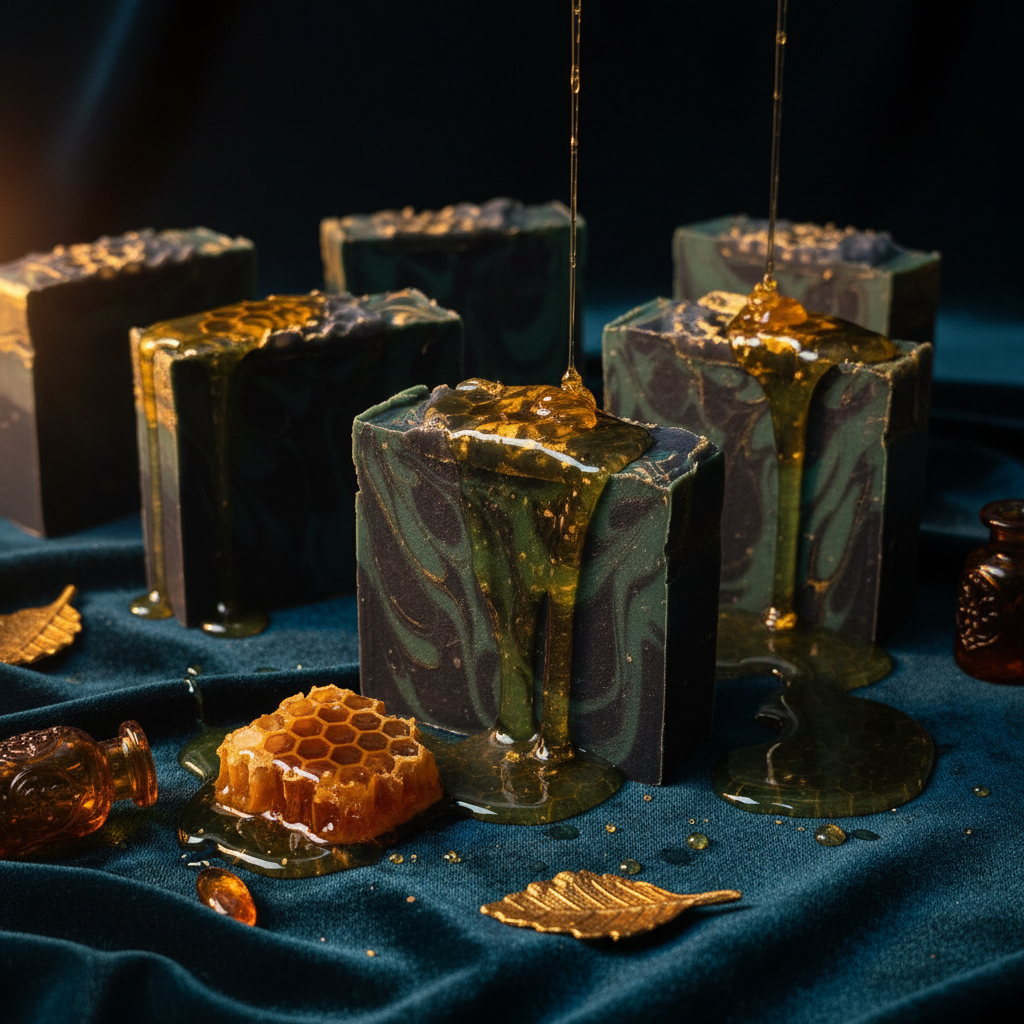 Velvet Nectar handmade cold process soap bars with teal navy swirls and gold honeycomb tops against a dark velvet and honey background