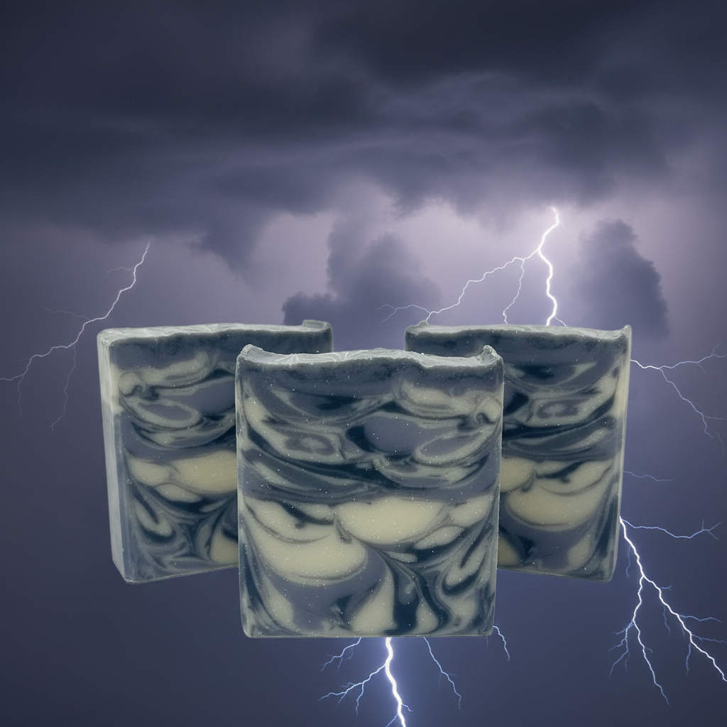 Three Electric Storm handmade cold process soap bars with indigo and charcoal swirls against a dramatic thunderstorm background