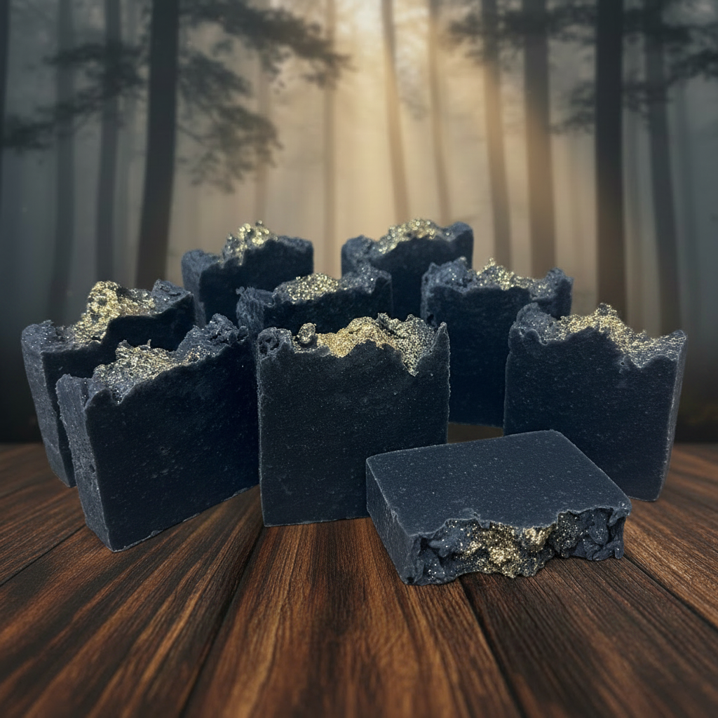 Multiple The Woodsman handmade cold process soap bars with gold glitter tops arranged in a moody forest setting