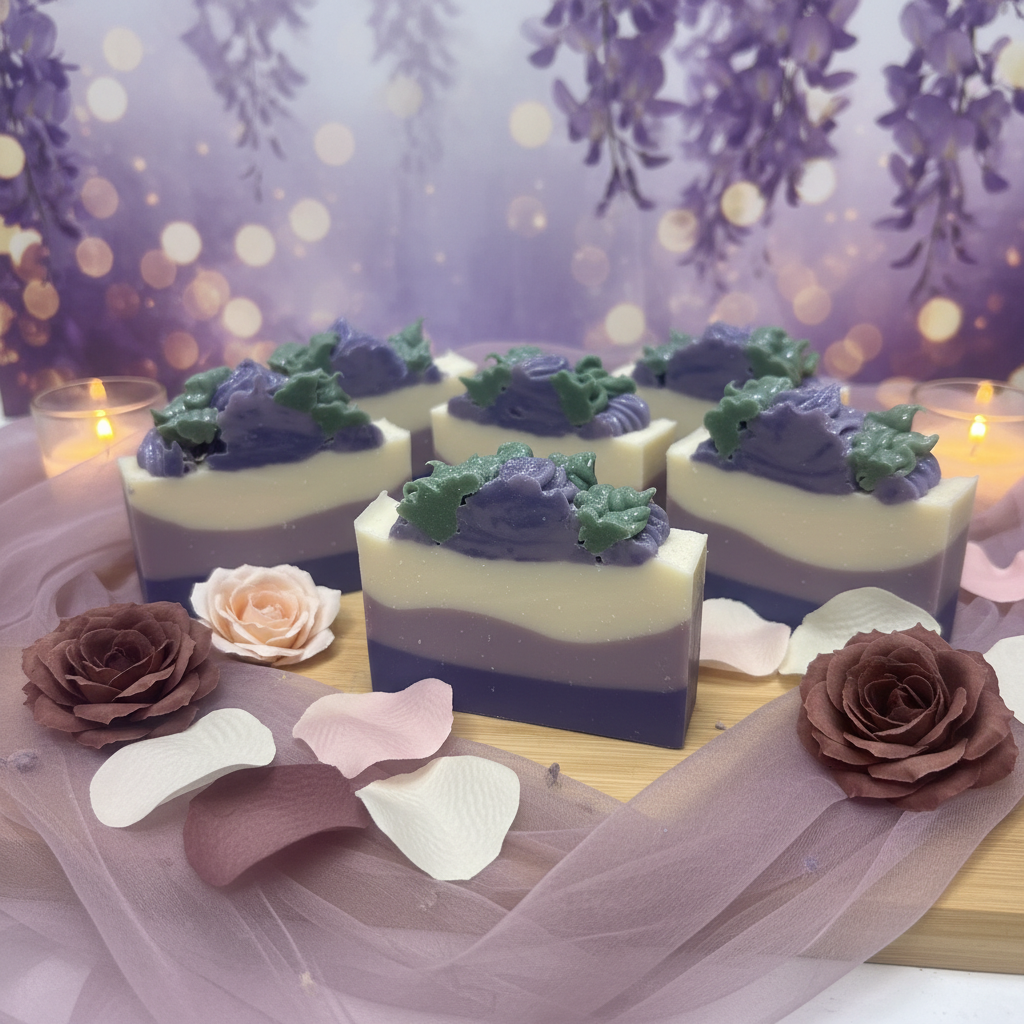 Love Spell handmade cold process soap bars with purple lavender layers and whipped top against a dreamy romantic background