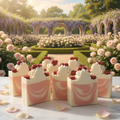 The Garden Party handmade cold process soap bars with pink cream swirls and whipped top with red hearts in a romantic French garden setting