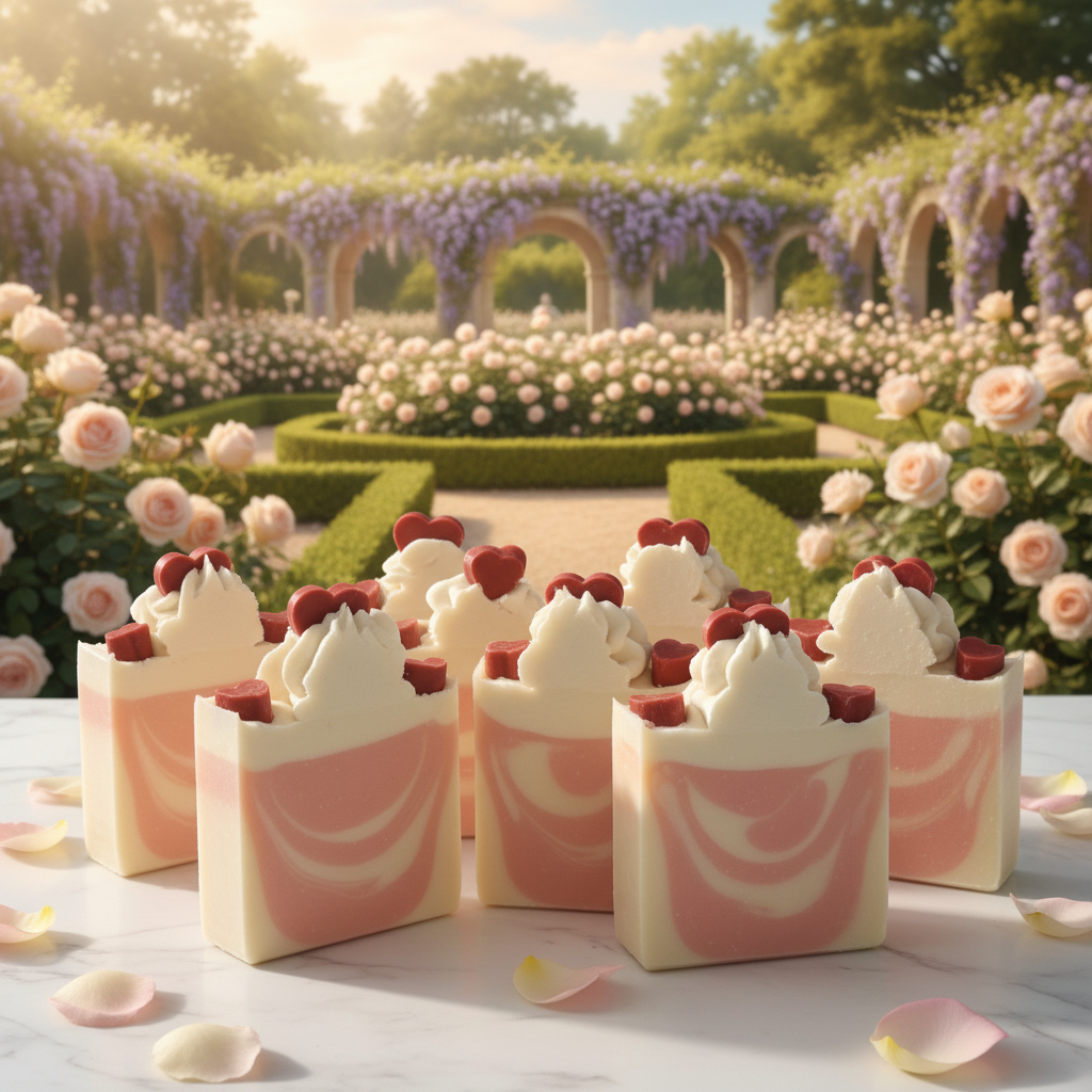 The Garden Party handmade cold process soap bars with pink cream swirls and whipped top with red hearts in a romantic French garden setting