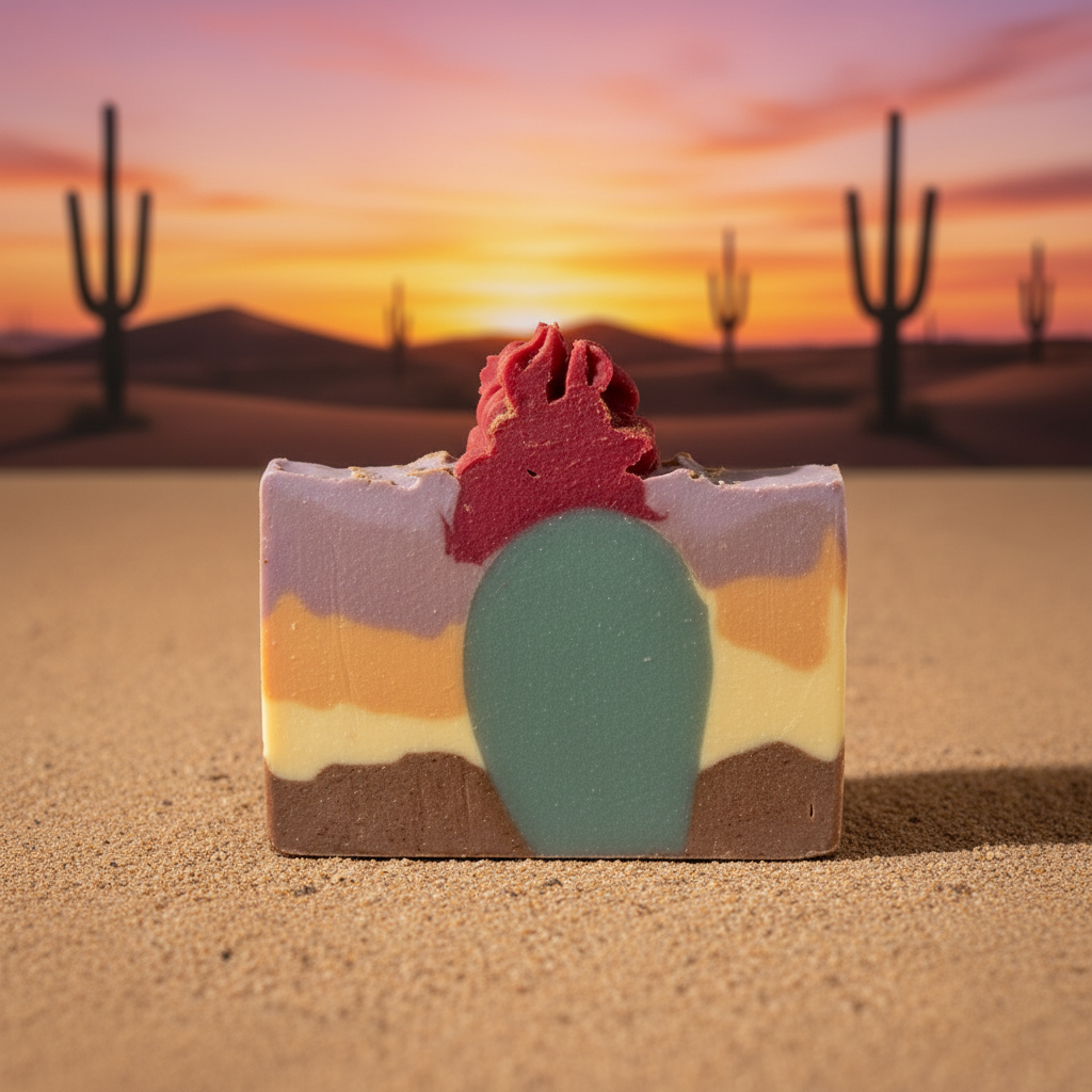 Desert Cactus handcrafted cold process soap against a desert sunset background
