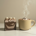 Hot Chocolate cold process soap bar prominently displayed with a steaming mug of hot chocolate softly blurred in the background