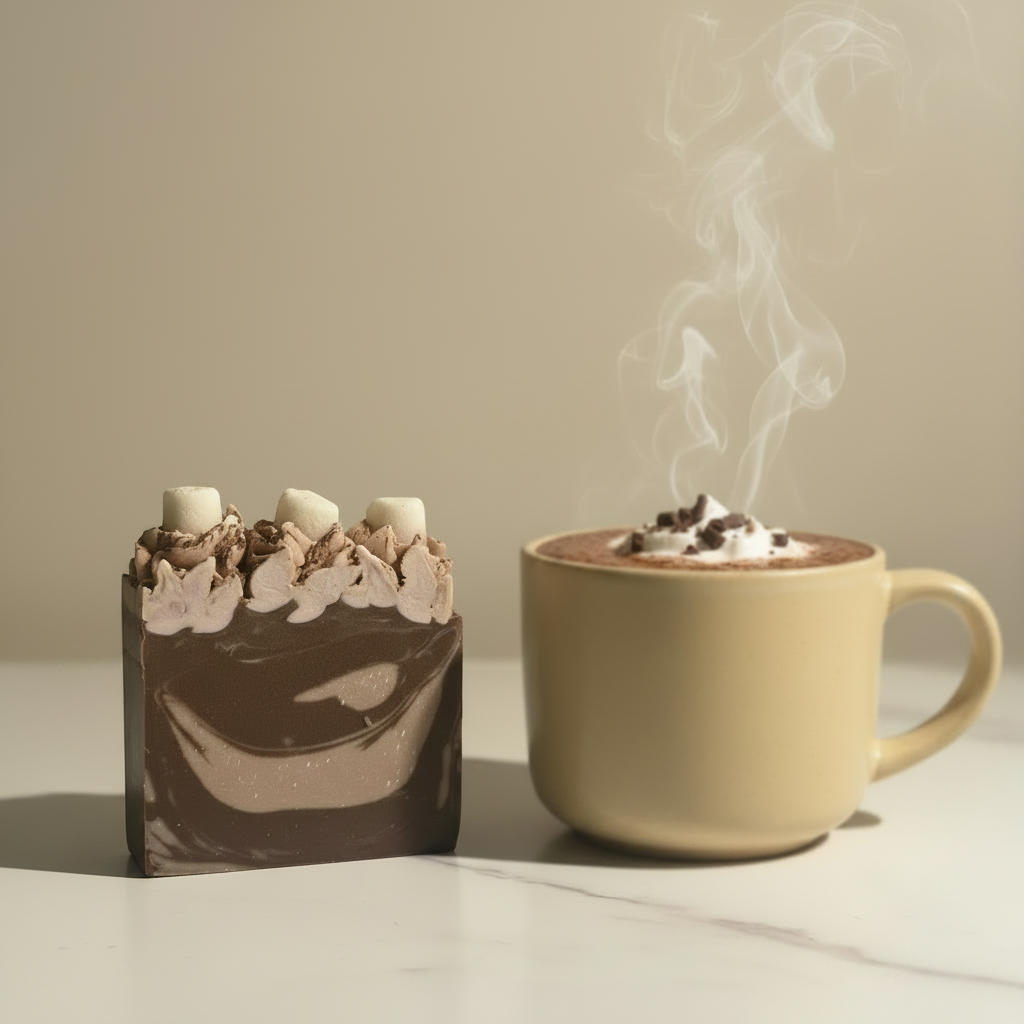Hot Chocolate cold process soap bar prominently displayed with a steaming mug of hot chocolate softly blurred in the background
