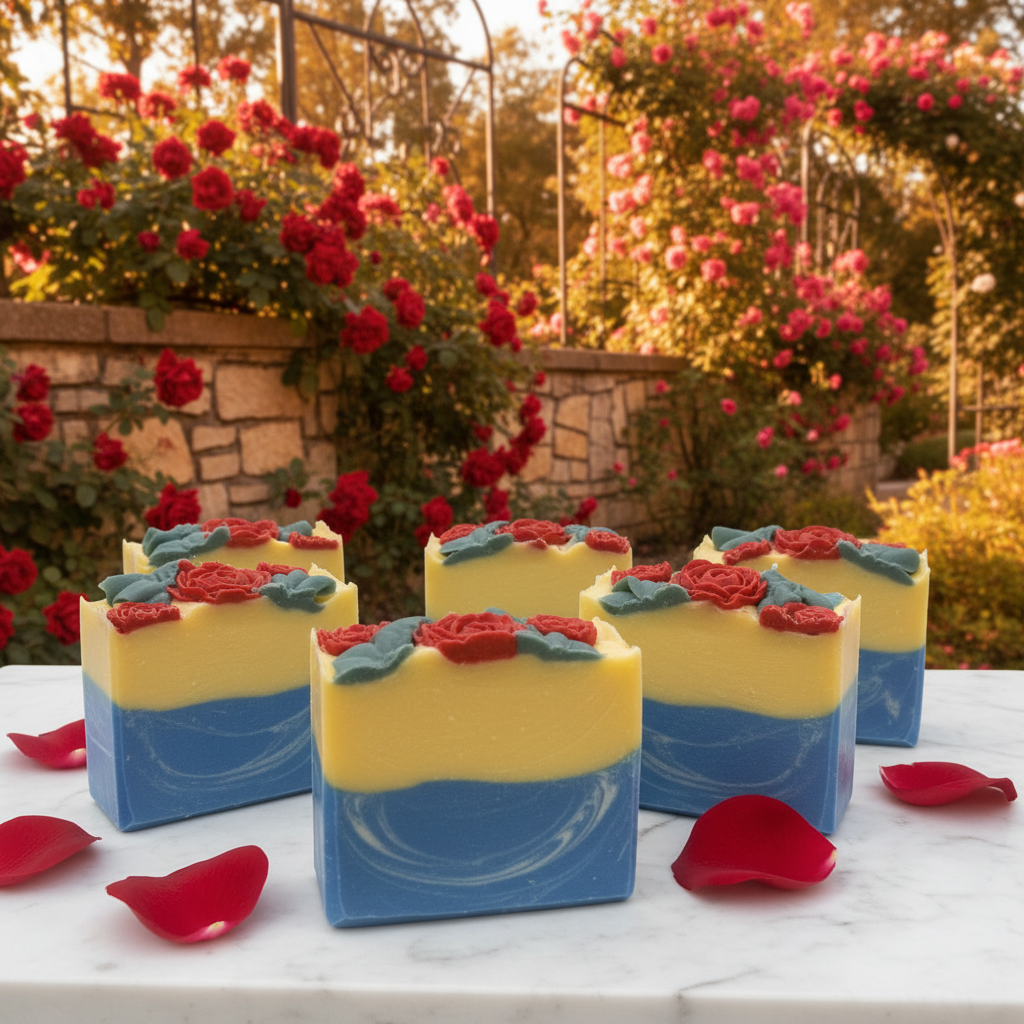 The Enchanted Rose handmade cold process soap bars with yellow and blue layers and red rose embeds in a romantic garden setting with cascading crimson roses and golden hour light