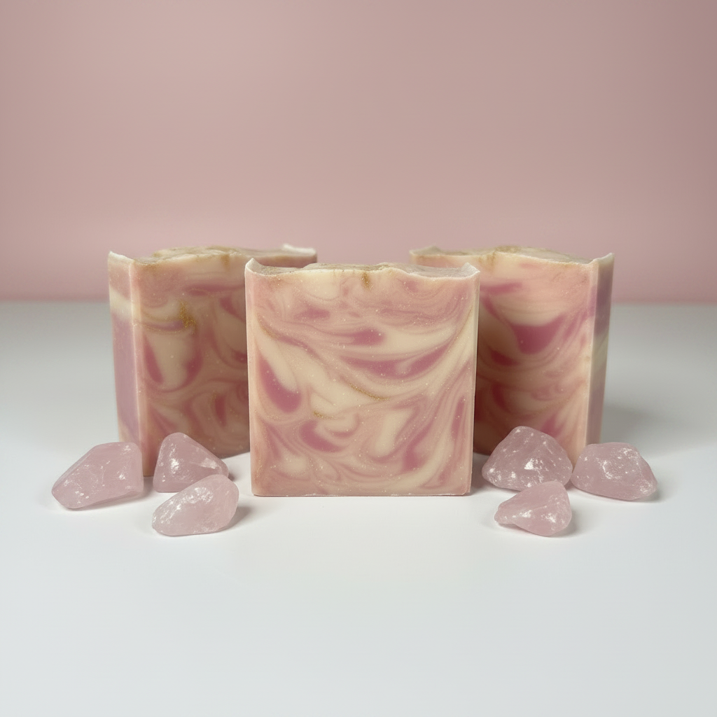 Three Rose Quartz handmade cold process soap bars with pink and cream swirls, styled with rose quartz crystals on a blush pink background