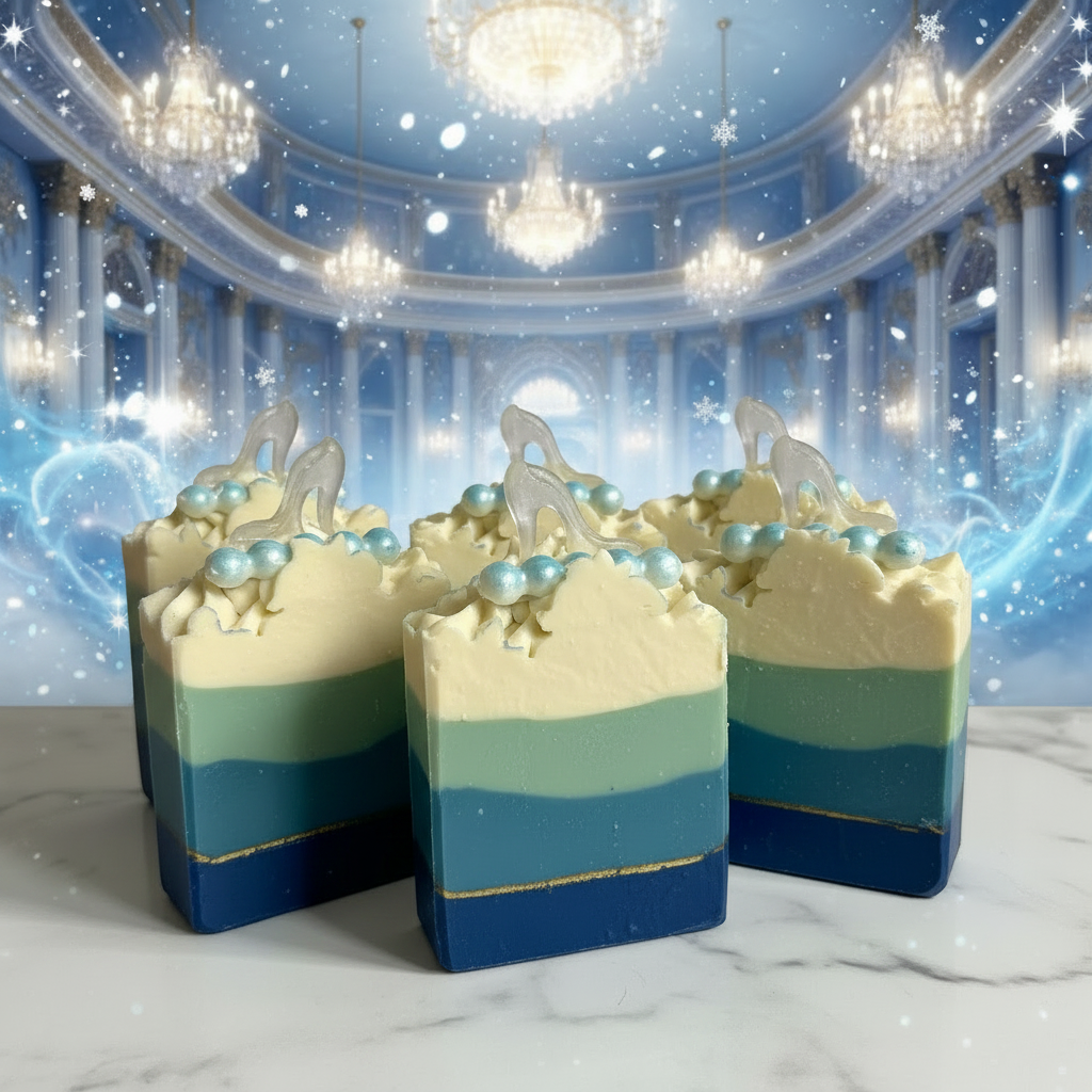 The Glass Slipper handmade cold process soap bars grouped on polished marble against an enchanted whimsical ballroom background