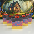 Snow White themed handmade cold process soap bars with enchanted forest cottage storybook background